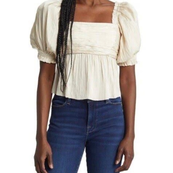 NWT Frame Puff Sleeve Square Neck Empire Waist Vanilla Blouse Sz Medium - Picture 3 of 6